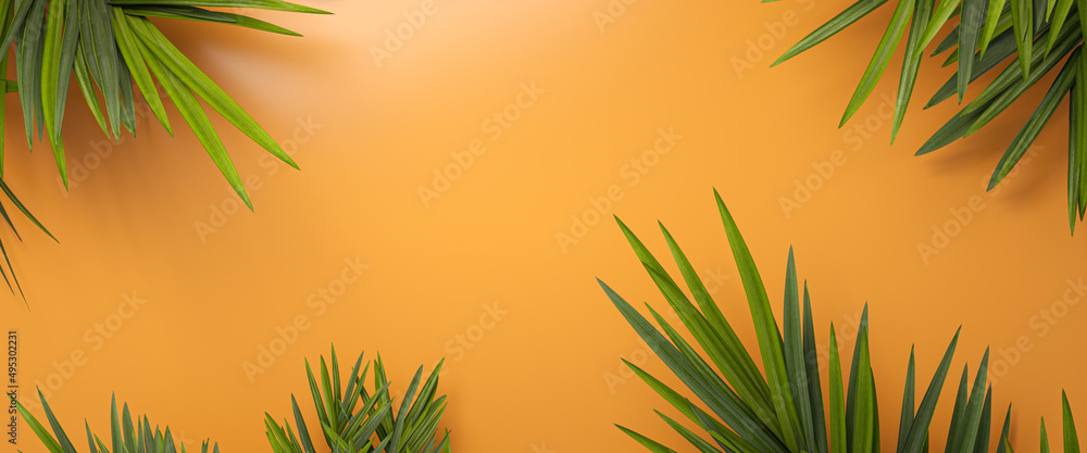 Tropical palm leaves frame, over empty orange background.