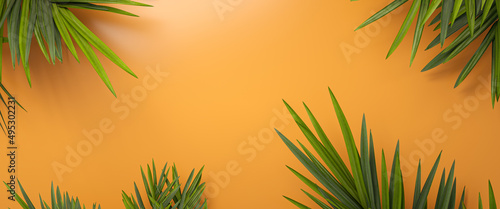 Tropical palm leaves frame, over empty orange background.