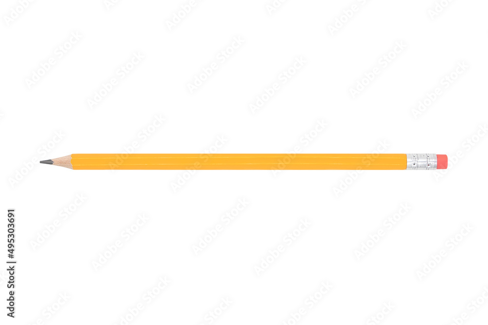 Simple wooden yellow pencil with eraser isolated on white background Simple wooden yellow pencil with eraser isolated on white background