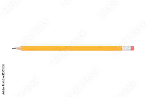 Simple wooden yellow pencil with eraser isolated on white background