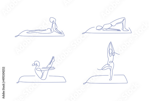 Pilates line art poses set. outline vector illustration. one line yoga poses collection. women make yoga and pilates. yoga mat