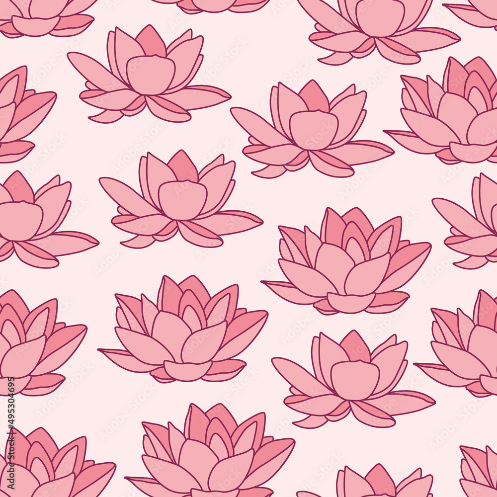 Water Lily repeat pattern design. Hand-drawn background. Botanical pattern for wrapping paper or fabric.