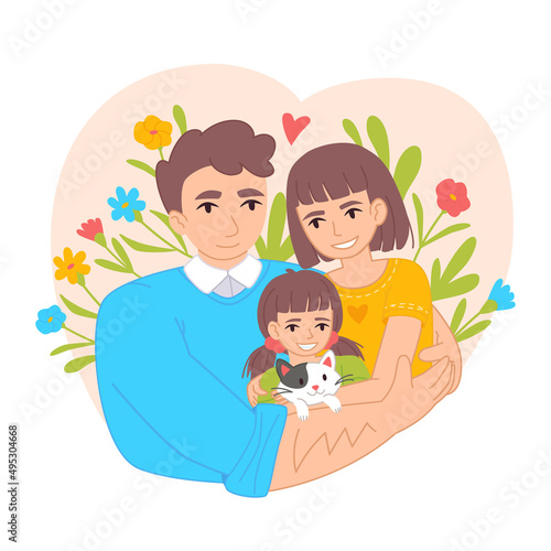 Happy family hugs concept. Father  mother  daughter and cat. Ukraine people on flower background.