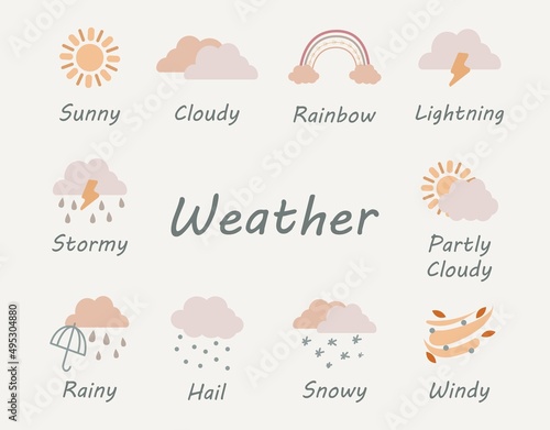 Vector weather icons collection in boho style. Hand drawn cute weather elements. Meteorology symbols