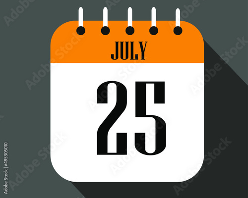 July day 25. calendar number on a white paper with orange color border on a black background vector.