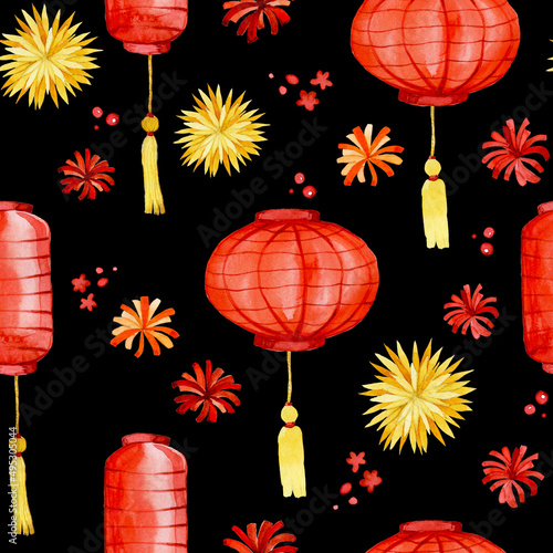 watercolor seamless pattern. Chinese New Year. red and gold Chinese lanterns, salutes, fireworks. cute holiday print on black background 