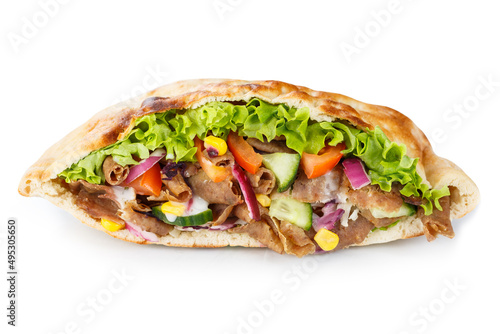 Döner Kebab Doner Kebap fast food in flatbread isolated on a white background
