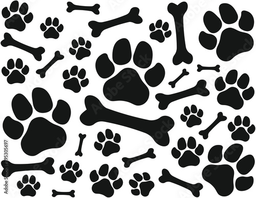 Seamless endless vector pattern of traces of dog paws. Big large dog legs and bones. Monochrome