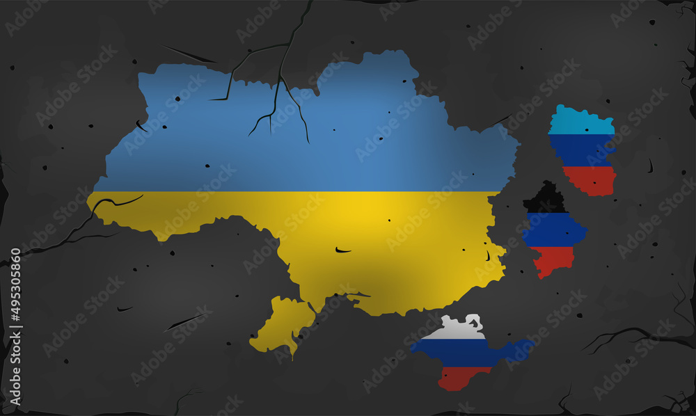 Obraz premium Crimea, Lugansk and Donetsk republics separated from Ukraine. Crisis, civil war and humanitarian catastrophe. Political and economic problems. The collapse of the state. Map with flag on the wall 