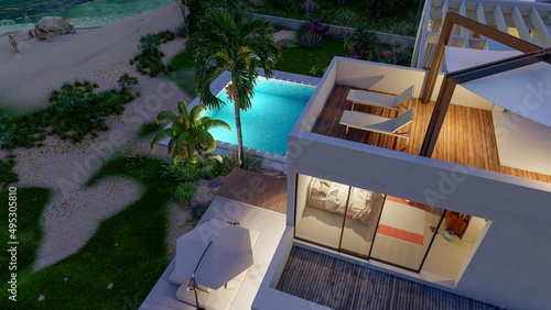 Sustainable luxury modern seaside  villa with pool at dusk photo