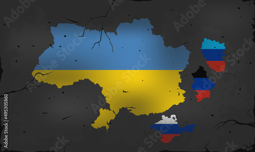 Crimea, Lugansk and Donetsk republics separated from Ukraine. Crisis, civil war and humanitarian catastrophe. Political and economic problems. The collapse of the state. Map with flag on the wall 