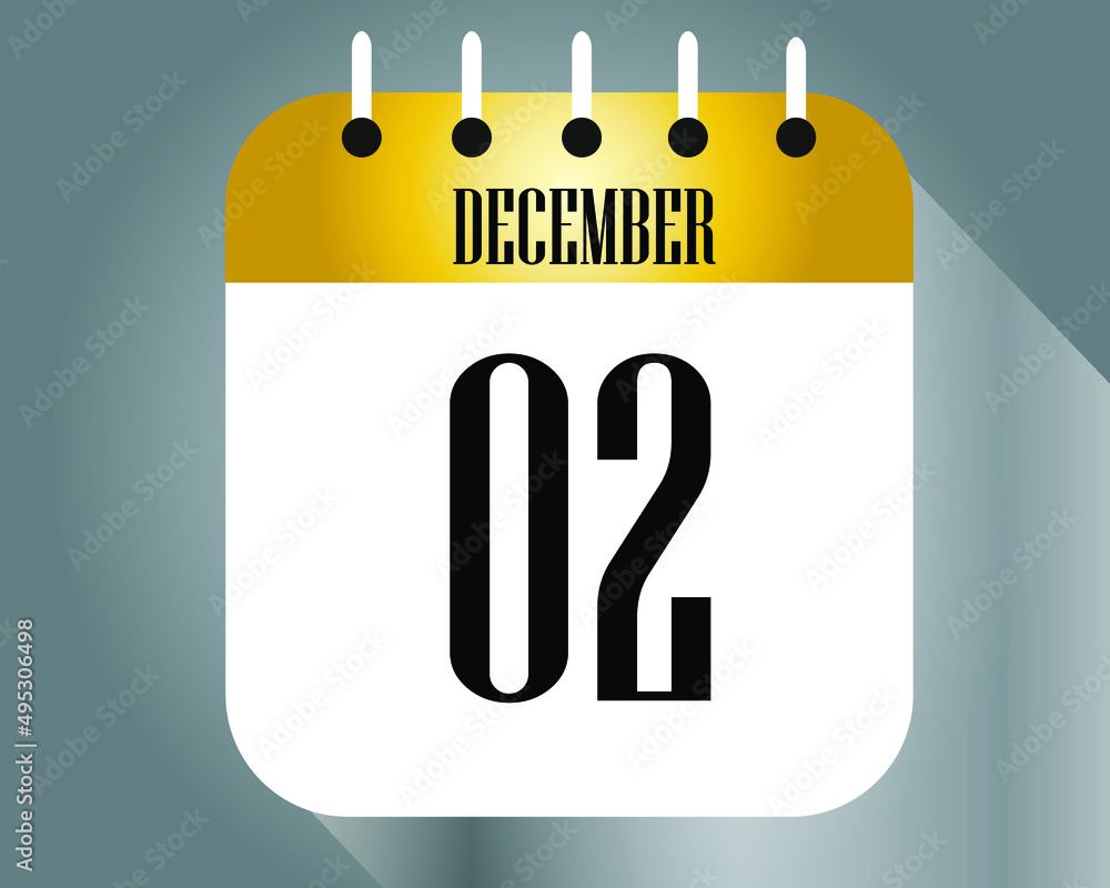 December day 2. Calendar icon on a white paper with golden color border on a gray background vector. December day 2. Calendar icon on a white paper with golden color border on a gray background vector.