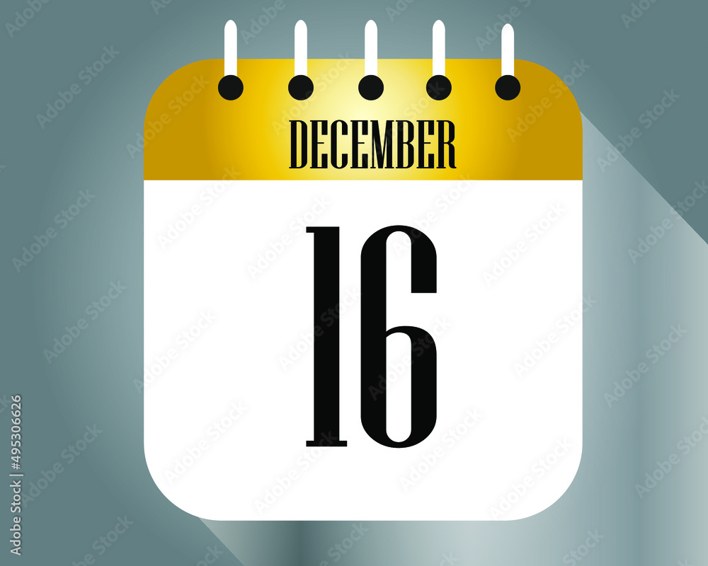 December day 16. Calendar icon on a white paper with golden color border on a gray background vector.
