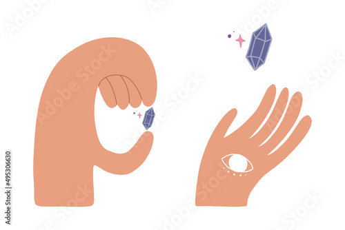Palmistry and hieromancy. Hand lines and their meanings. Moon phases. Constellations and symbols. Magical hand drawn vector illustration for web and print design. Trendy colourful palmistry hand.