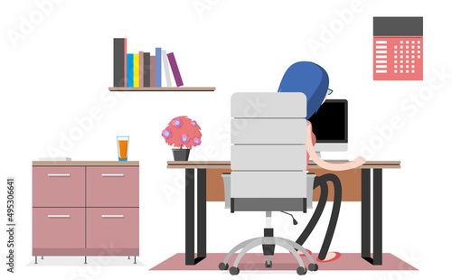 The girl is sitting at a workplace in a modern office. Cabinet. Creative workspace, office interior. Contemporary coworking center with computer. Colorful vector illustration