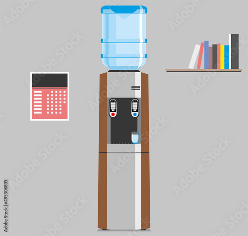 Water cooler for home and office. Office plastic bottle for cold and hot liquids. Gray and brown water cooler with blue full bottle and cup.