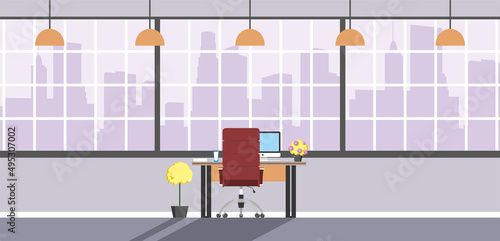 Modern open space. Empty office interior. Contemporary creative workplace. Co-working city center. Cabinet