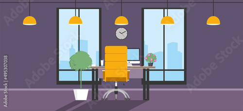 Modern open space. Empty office interior. Contemporary creative workplace. Co-working center. Purple cabinet