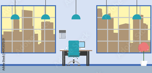 Modern open space. Empty office interior. Contemporary creative workplace. Co-working center. Blue cabinet