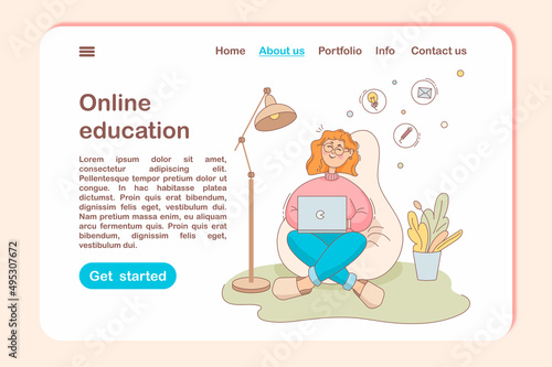 Illustration for the landing page of home education, the girl on the chair works at home