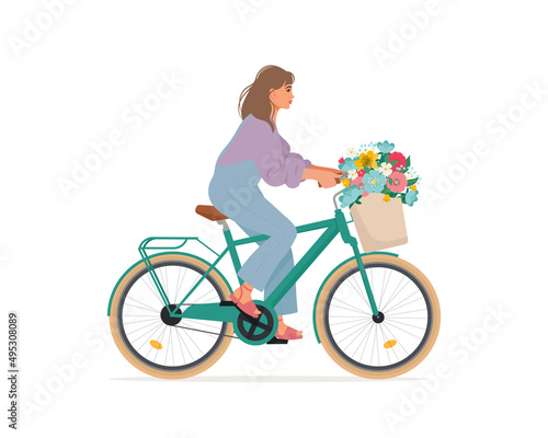 Woman riding bike with flowers in the basket. Vector illustration in flat style