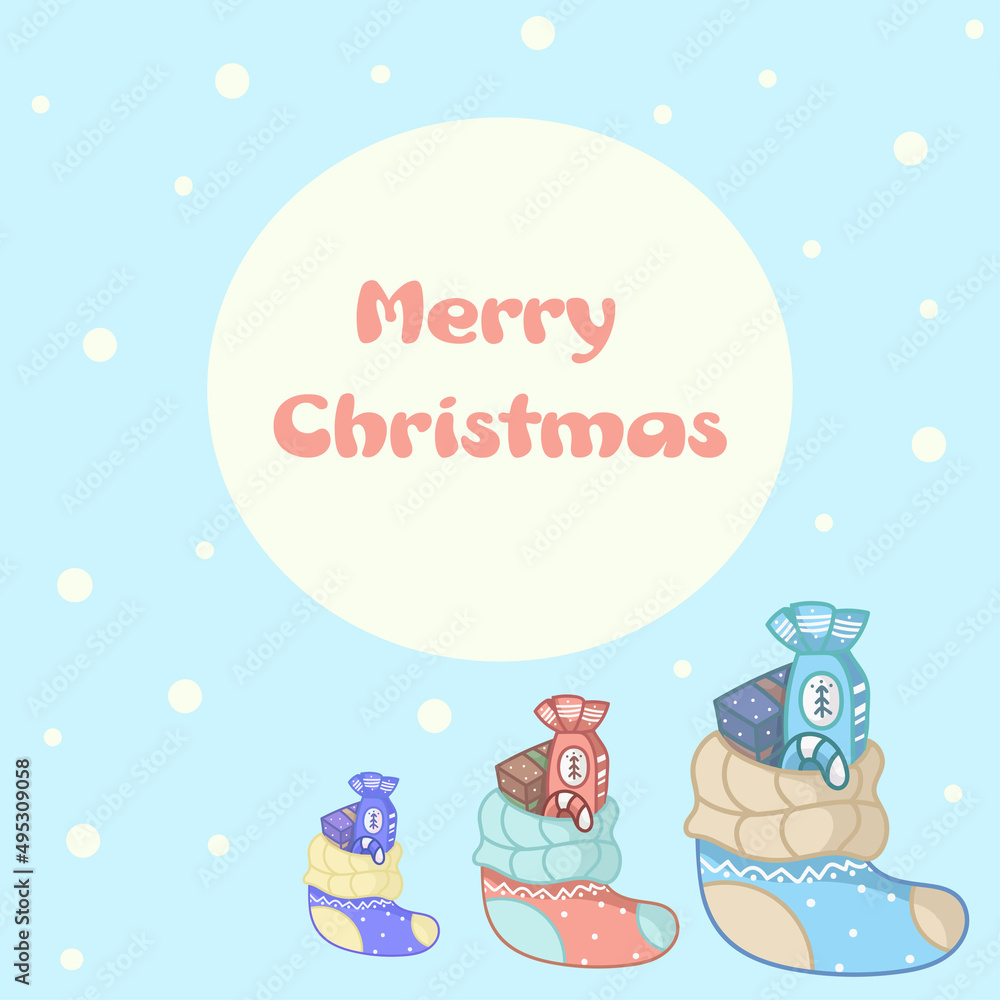 Fototapeta premium Christmas card with cute Christmas socks. Cute vector illustration in flat style