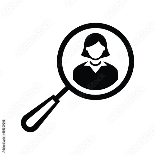 Female, search icon. Black vector sketch.