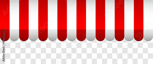 Red and white striped seamless shop awning. Tent sun shade for market on white background. Commercial Canopy. Vector illustration pattern.