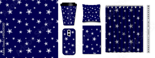 Cool pattern with white stars on blue background. Seamless texture with random elements. Flat vector illustration