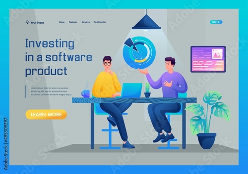 Programmer communicates with an investor, Investing in a software product. Diagrams, calculations, conclusion of the contract. Concept for landing page