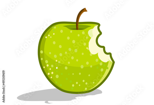 A bitten green vector apple. Juicy fruit isolated on white background.