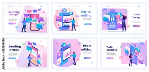 Set of landing pages for working with mobile app. Isometric 3D and 2D illustrations. Sending emails, processing and publishing photos, working with files