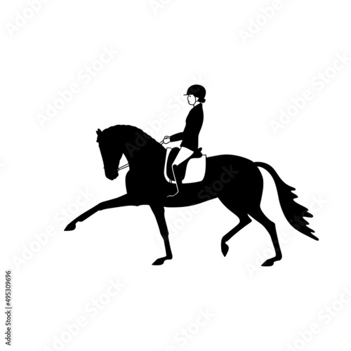 Equestrian dressage. Vector athlete and horse isolated on white background. Black and white logo, sign, emblem, symbol. Stamp. Simple illustration. Sketch. Die cut. Stencil for laser cutting