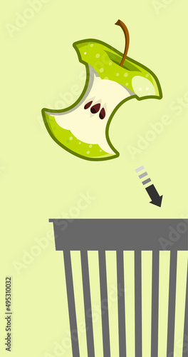 Green apple core flies into the trash can. The half-eaten apple is thrown into the trash. Throw out waste. Vector isolated on a green background.