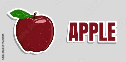 Red vector apple sticker. Juicy fruit isolated on grey background. Red Delicious.