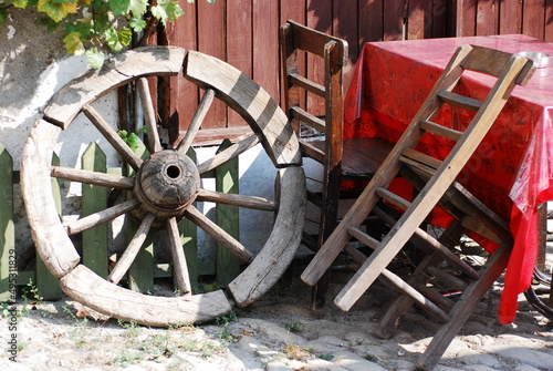 An old carriage wheel. Using for pulling cart and load. 
