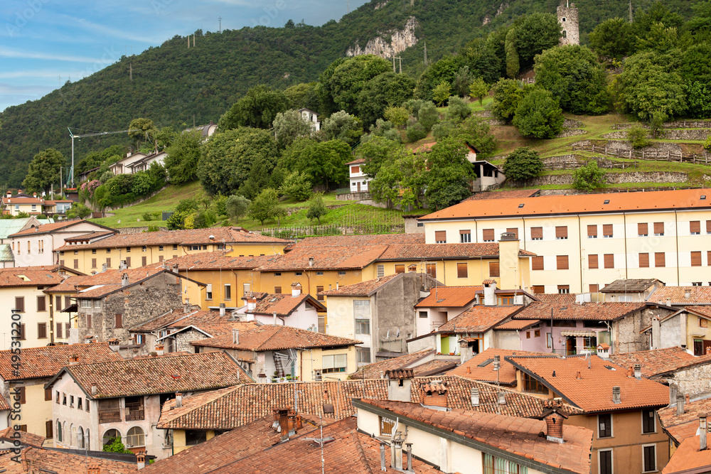View of the tiled roofs, mountains covered with trees in the town of Lovere, Lake Iseo, Italy.