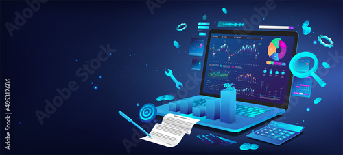 Business dashboard finance management on 3D laptop with aspects business analysis and analytics online through the app. Investment, trade and finance management with infographics. Vector blue banner