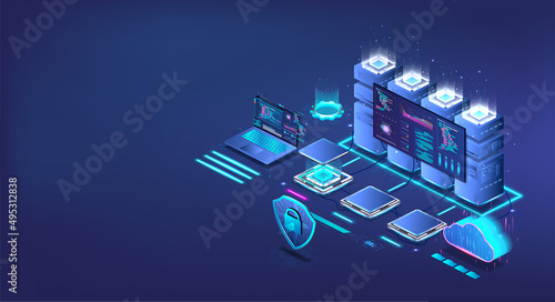 Data Processing Center and Cloud Storage. Isometric digital storage. Server room of cloud computing technologies and technologies of network computing. Data storage and cyber security. Blue 3D vector