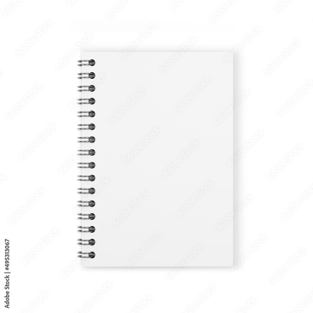 Notebook mockup with silver spiral. Blank page, copy space of open booklet. 3d rendering. Notebook mockup with silver spiral. Blank page, copy space of open booklet. 3d rendering.