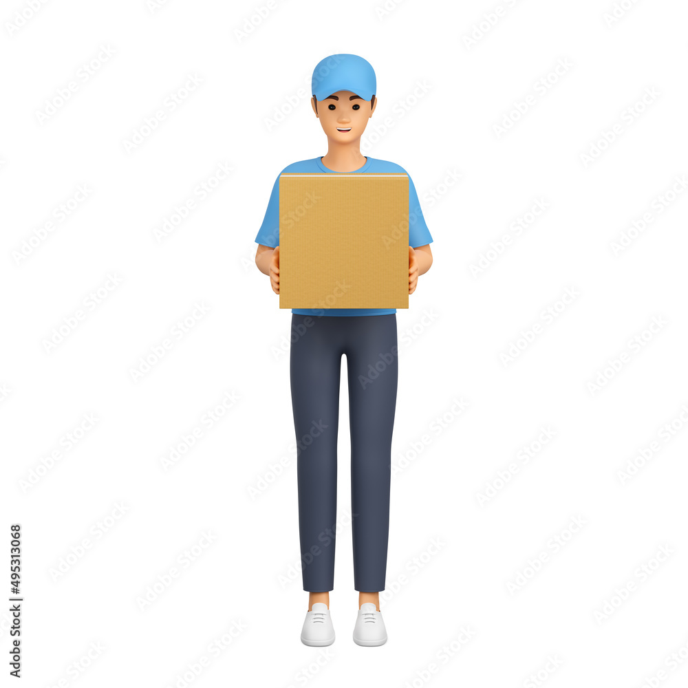 Delivery man with a cardboard box in his hands. A courier in uniform delivers an order from a store. 3d illustration. Delivery man with a cardboard box in his hands. A courier in uniform delivers an order from a store. 3d illustration.
