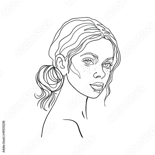 Beautiful caucasian woman with freckles. Graphic outline portrait of young lady. Sketching isolated illustration on white background.