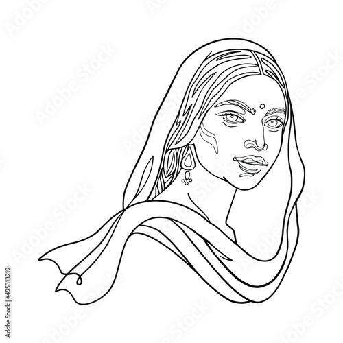 Beautiful Indian woman. Graphic outline portrait of lady. Sketching isolated illustration on white background.