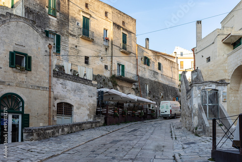 Cobblestone street in the Sassi di Matera a historic district in the city of Matera. Basilicata. Italy © wjarek