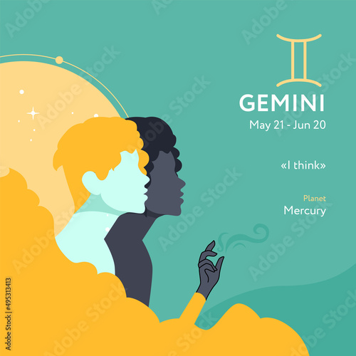 Male Gemini astrological sign illustration with man silhouette in flat. Zodiac sign, icon with horoscope text with planet and stars