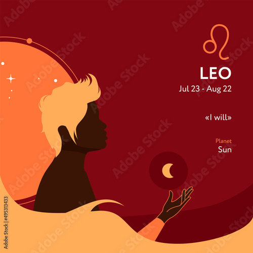 Male Leo astrological sign illustration with man silhouette and moon. Zodiac lion sign, icon with horoscope text on red background 