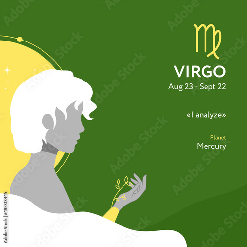 Male Virgo astrological sign illustration with man silhouette and plant.  Zodiac sign, icon with horoscope text in flat style