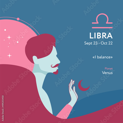 Male Libra astrological sign illustration with man silhouette and fire. Zodiac sign, icon with horoscope text