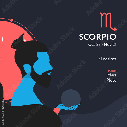 Male Scorpio astrological sign illustration with man silhouette in flat. Zodiac sign, icon with horoscope text with planet and stars