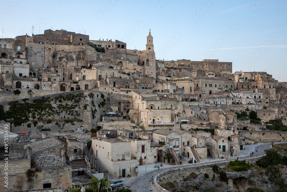 View of the Sassi di Matera a historic district in the city of Matera, well-known for their ancient cave dwellings. Basilicata. Italy